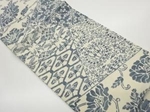 手織り紬切り嵌め風花唐草に鳥模様開き名古屋帯（額縁仕立て）